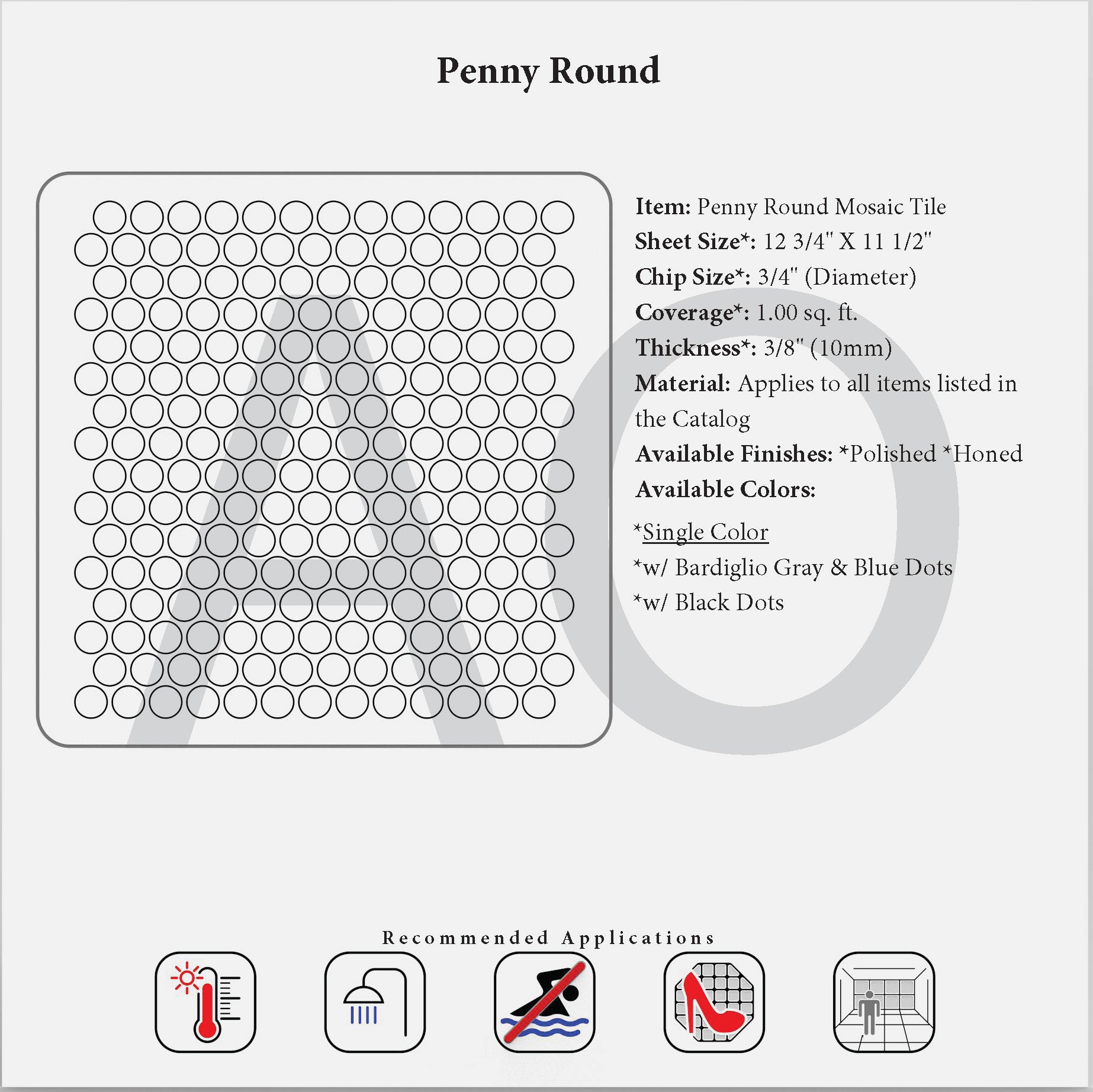 Reference image or diagram for Penny Round Mosaic; White Thassos marble appearance may vary.