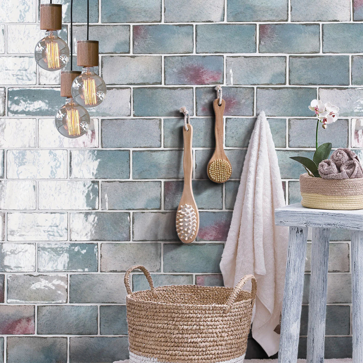 Retro Revival Sapphire Glow 3×6 ceramic wall tile installed in a bathroom.