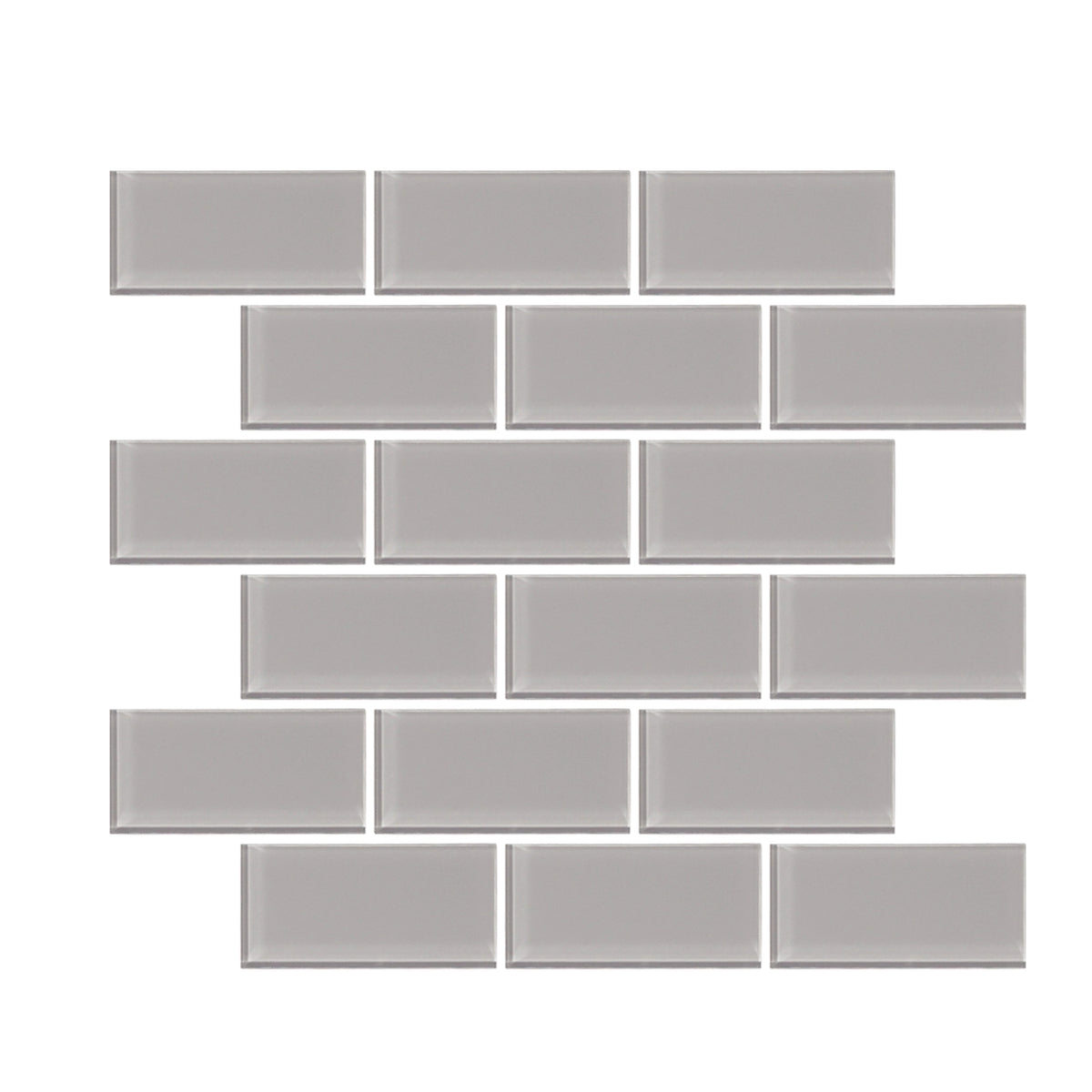 Radiant Surfaces Ash Gray glossy glass 2×4 brick-joint mosaic sheet.
