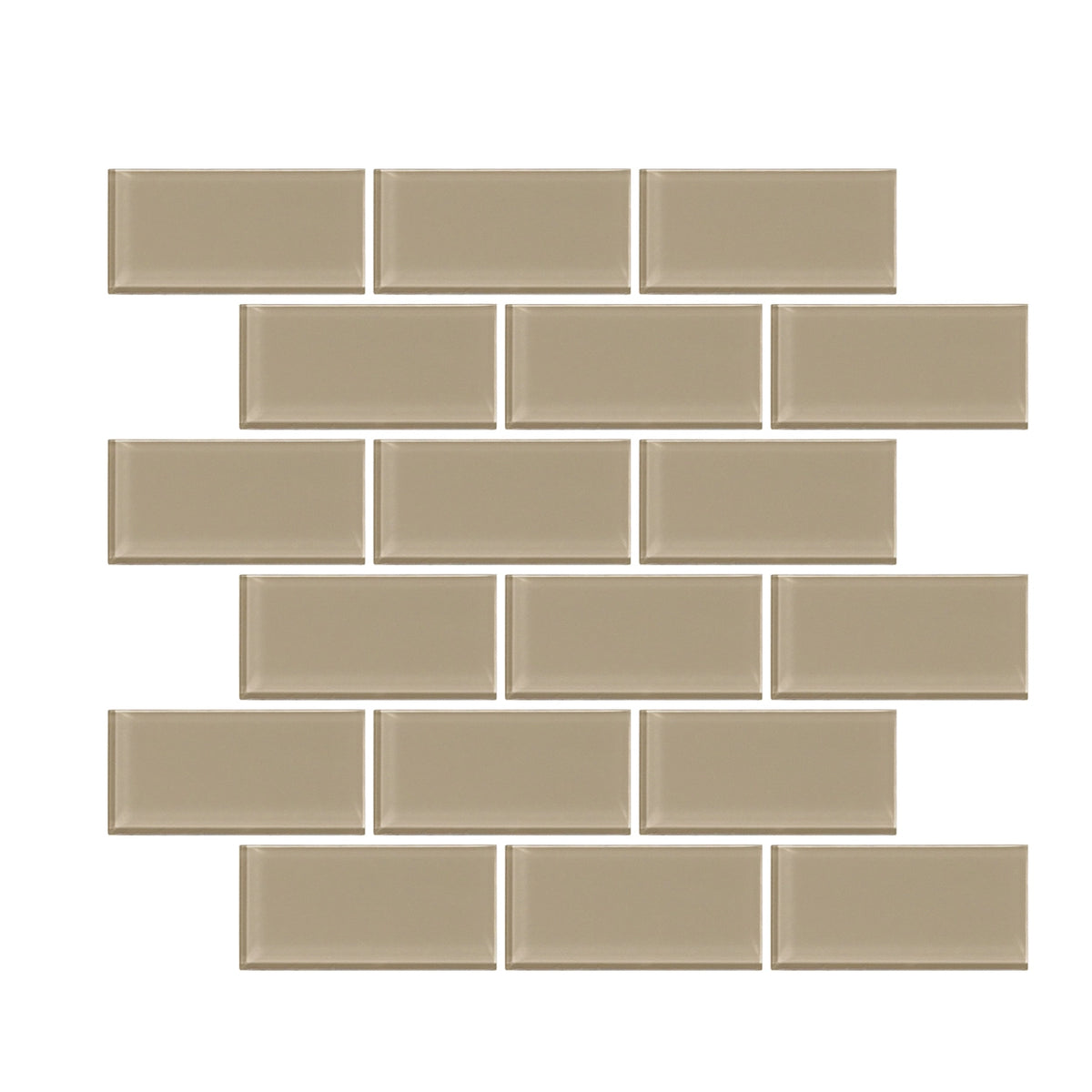 Radiant Surfaces Desert Sand glossy glass 2×4 brick-joint mosaic sheet.