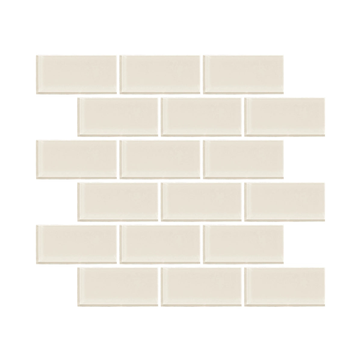 Radiant Surfaces Ivory Satin glossy glass 2×4 brick-joint mosaic sheet.