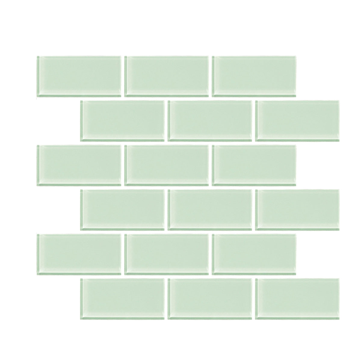 Radiant Surfaces Mint Sage glossy glass 2×4 brick-joint mosaic sheet.