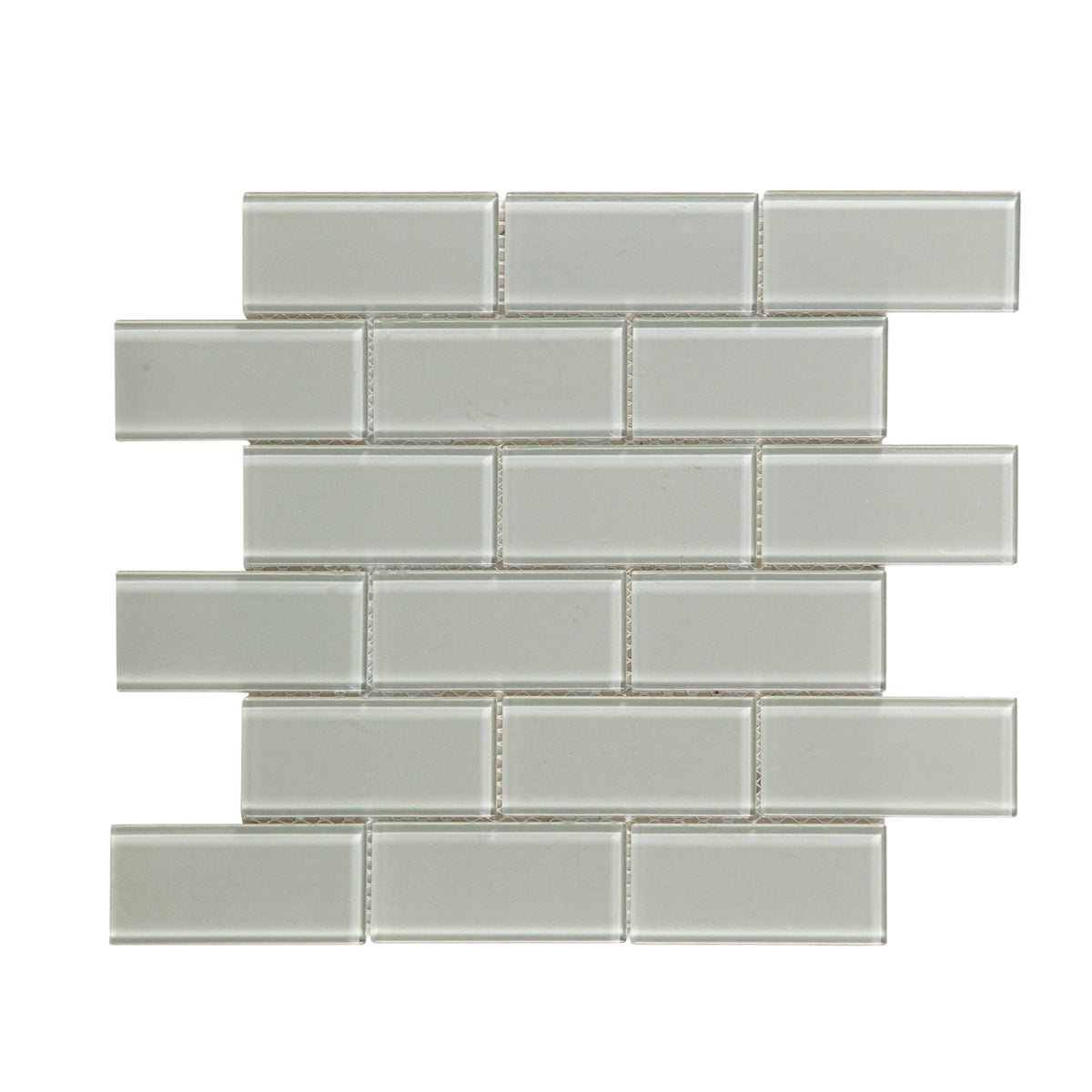 Radiant Surfaces Rustic Clay glossy glass 2×4 brick-joint mosaic sheet.