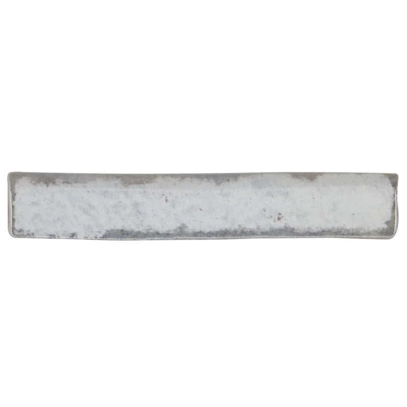 Retro Revival Soft Silver Mist 1×6 ceramic bullnose trim close-up.