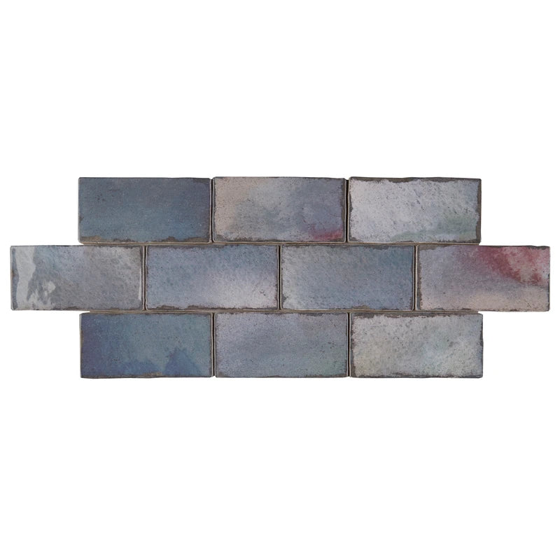Retro Revival Sapphire Glow 3×6 ceramic wall tile installed in a bathroom.