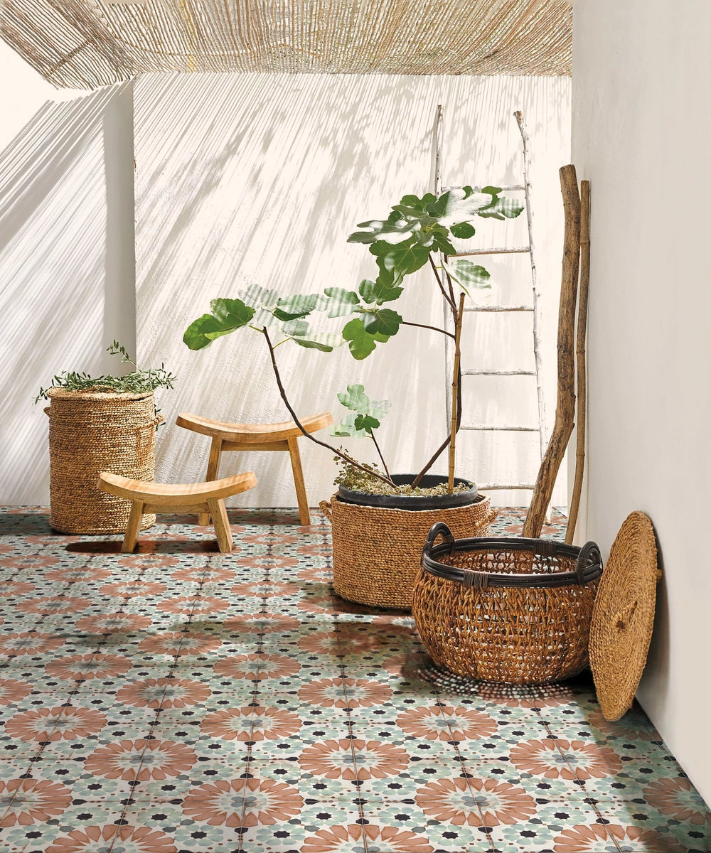 Retro Revival Soft Silver Mist 8×8 porcelain tile installed on an interior floor.