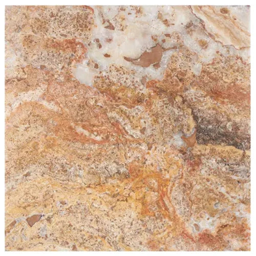 Scabos Travertine 12×12 honed-and-filled tile with a smooth multicolor surface.