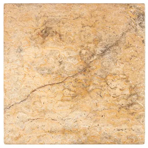 Scabos Travertine 12×12 tumbled tile with softened edges and vibrant earth tones.