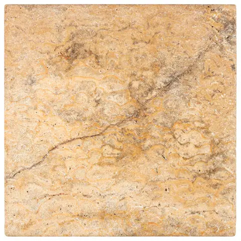 Scabos Travertine 18×18 tumbled tile with gold, rust, red, cream, and brown variation.