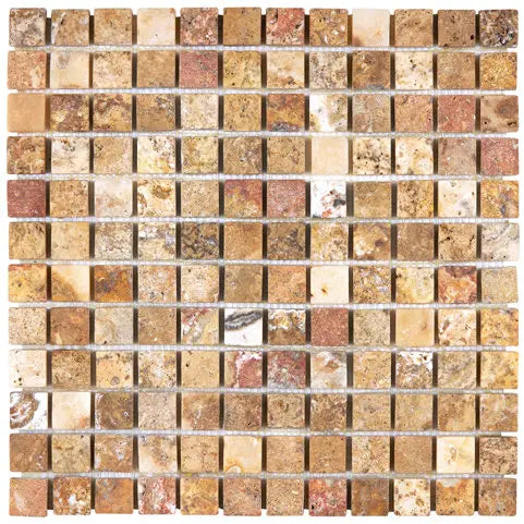 Scabos Travertine 1×1 tumbled mosaic with rustic multicolor natural-stone texture.