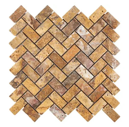 Scabos Travertine 1×2 tumbled herringbone mosaic with directional earth-tone movement.