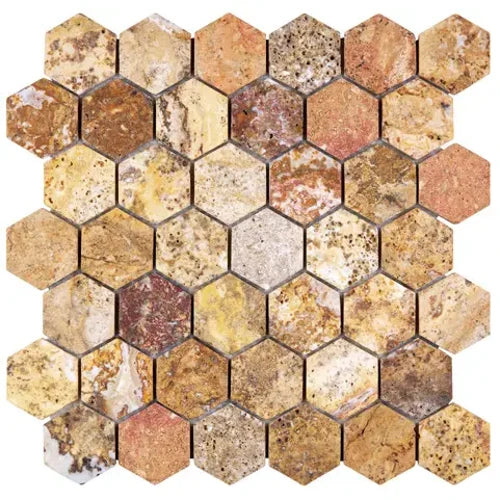 Scabos Travertine 2-inch tumbled hexagon mosaic in vibrant multicolor stone.