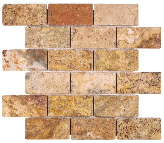 Scabos Travertine 2×4 tumbled mosaic with softened multicolor stone variation.