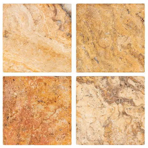 Scabos Travertine 6×6 tumbled tile with vivid gold, red, cream, and brown movement.