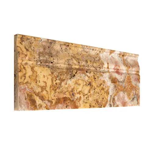 Scabos Travertine 4¾×12 tumbled baseboard trim with multicolor stone movement.