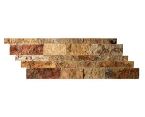 Scabos Travertine 6×24 split-face ledger panel with gold, rust, red, and peach variation.