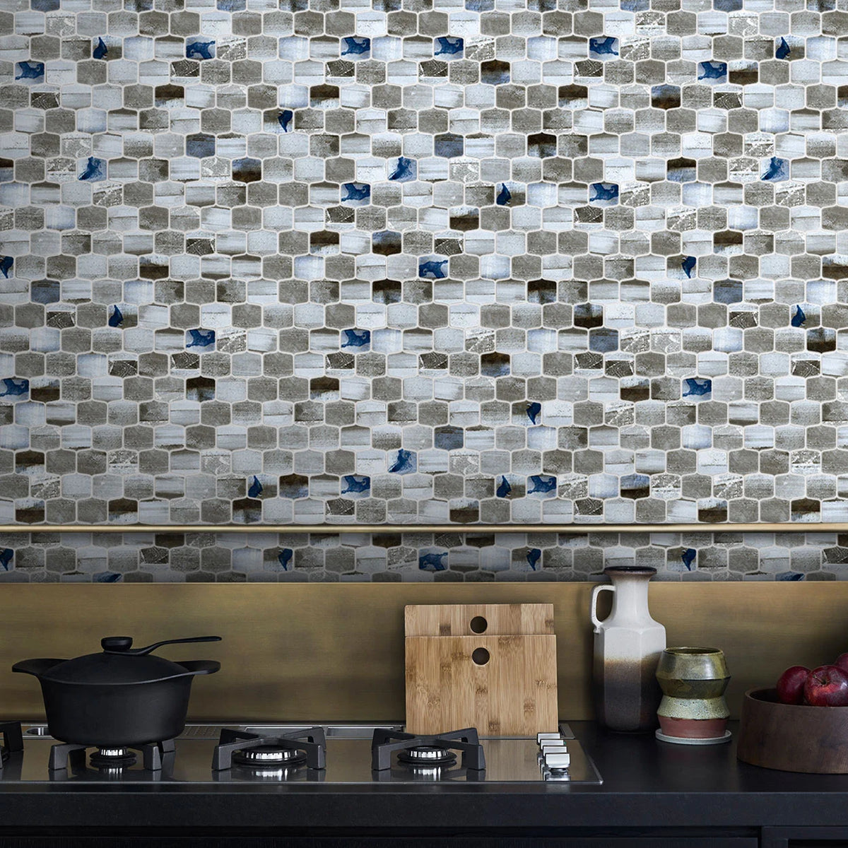Seascape Ocean Mist glass lantern mosaic on a kitchen backsplash.