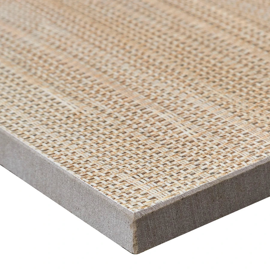 Serene Layers Sandstone 12×24 and 24×24 porcelain tile edge and surface details.