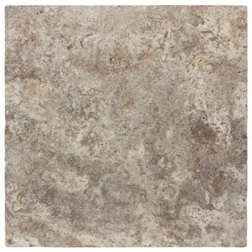 Silver Travertine 12×12 honed-and-filled tile with a smooth silver-gray surface.