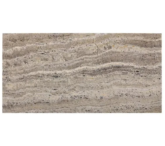 Silver Travertine 12×24 vein-cut honed-and-filled tile with linear silver-gray movement.