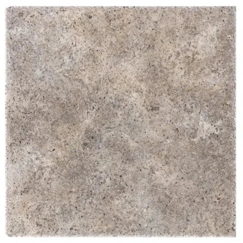 Silver Travertine 24×24 honed-and-filled tile with a smooth silver-gray surface.