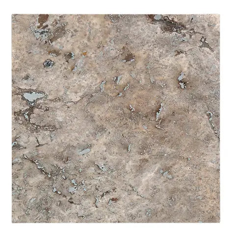 Silver Travertine 24×24×1¼ tumbled paver with cool silver-gray variation.