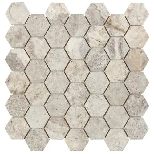 Silver Travertine 2-inch tumbled hexagon mosaic in silver-gray natural stone.