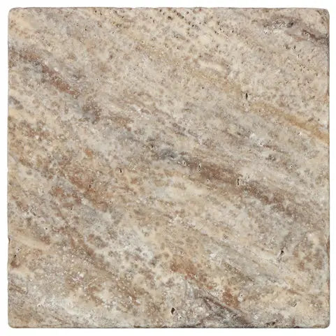 Silver Travertine 6×6 tumbled tile with cool gray and beige natural variation.