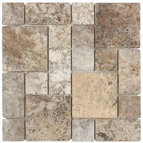 Silver Travertine tumbled Mini Versailles mosaic in an interlocking sheet layout.