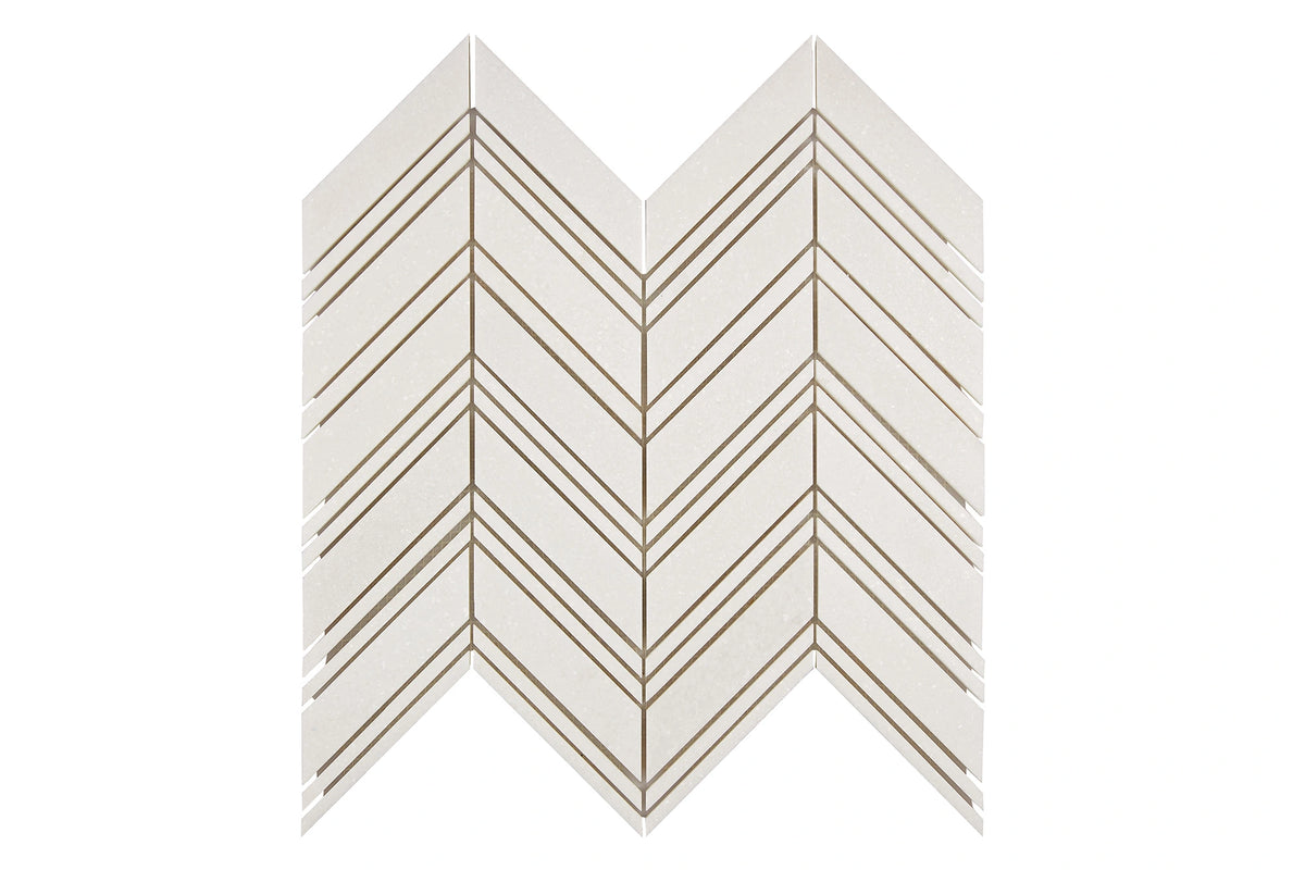 White Thassos Large Chevron Mosaic with polished and honed in brilliant white natural marble.