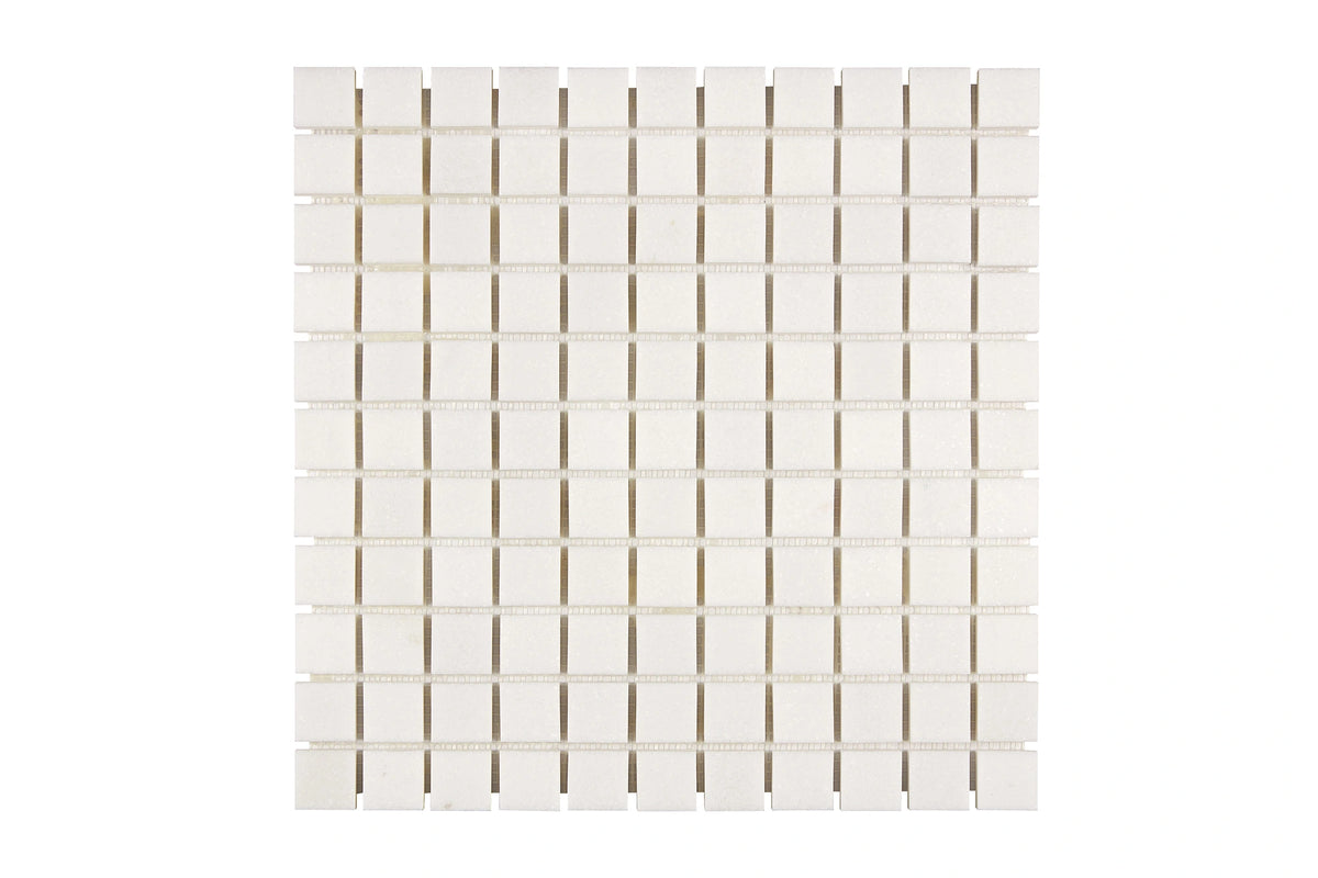 White Thassos 1×1 Mosaic with polished and honed in brilliant white natural marble.
