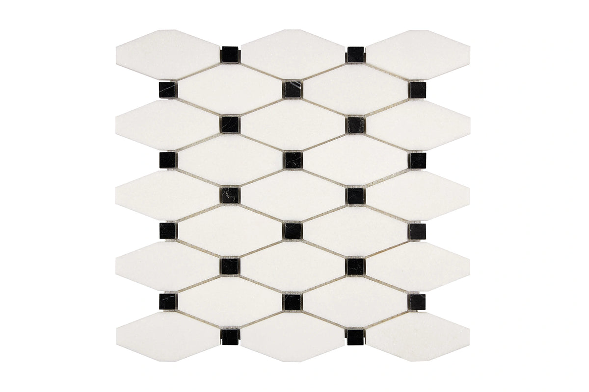 White Thassos Elongated Hexagon with Black Dots with polished and honed in brilliant white natural marble.