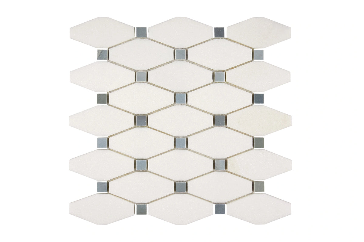 White Thassos Elongated Hexagon with Blue Dots with polished and honed in brilliant white natural marble.