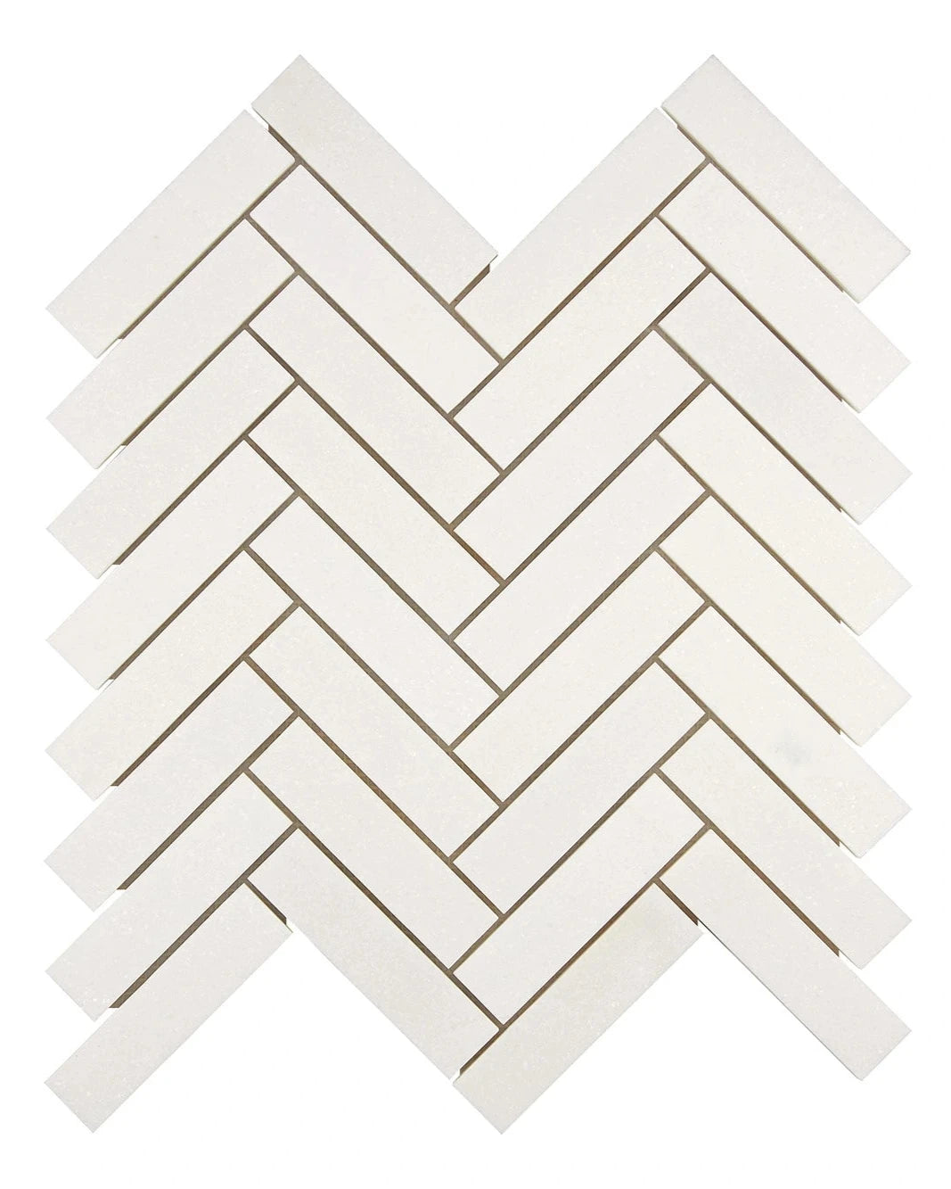 White Thassos 1×4 Herringbone Mosaic with polished and honed in brilliant white natural marble.