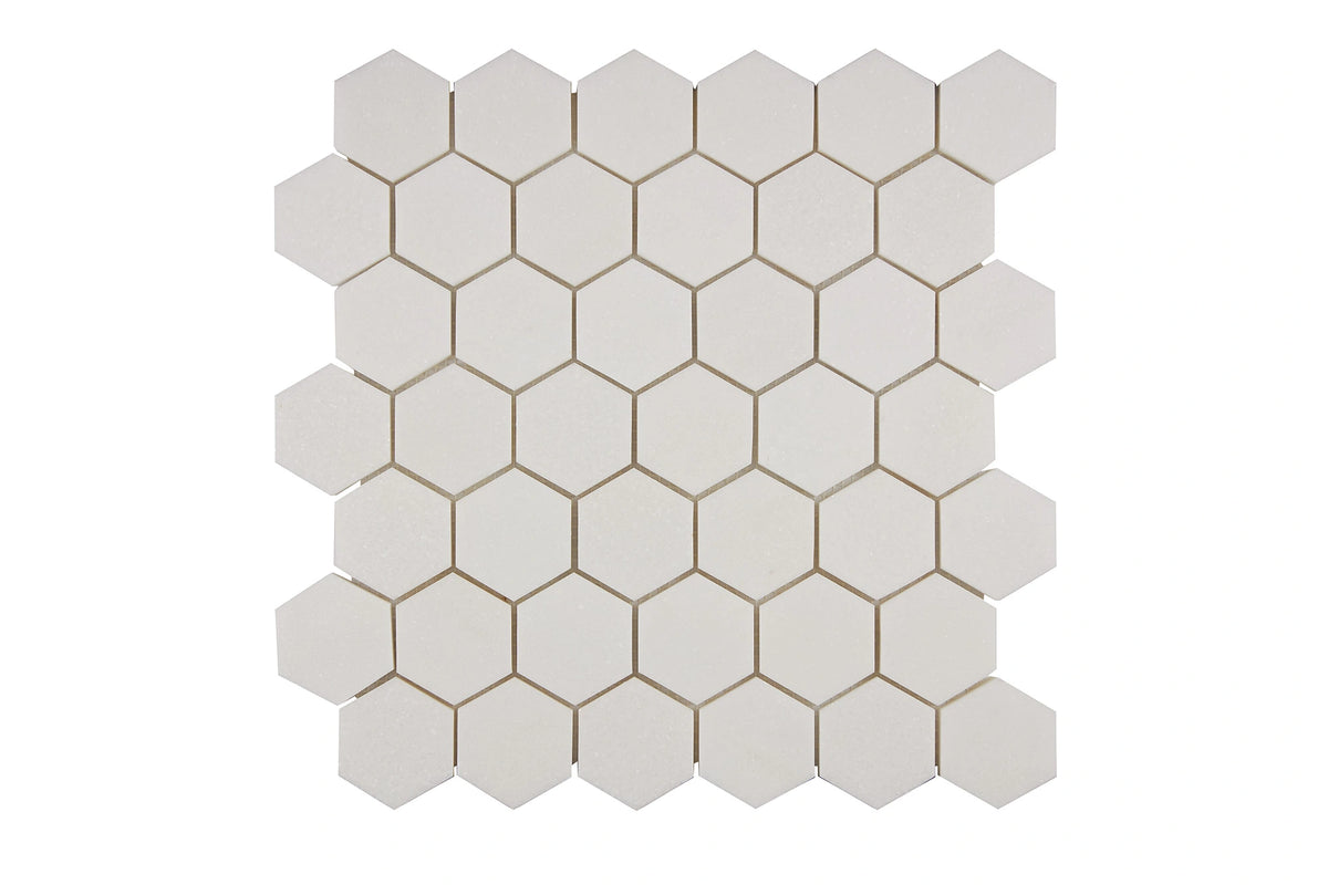 White Thassos 2-Inch Hexagon Mosaic with polished and honed in brilliant white natural marble.