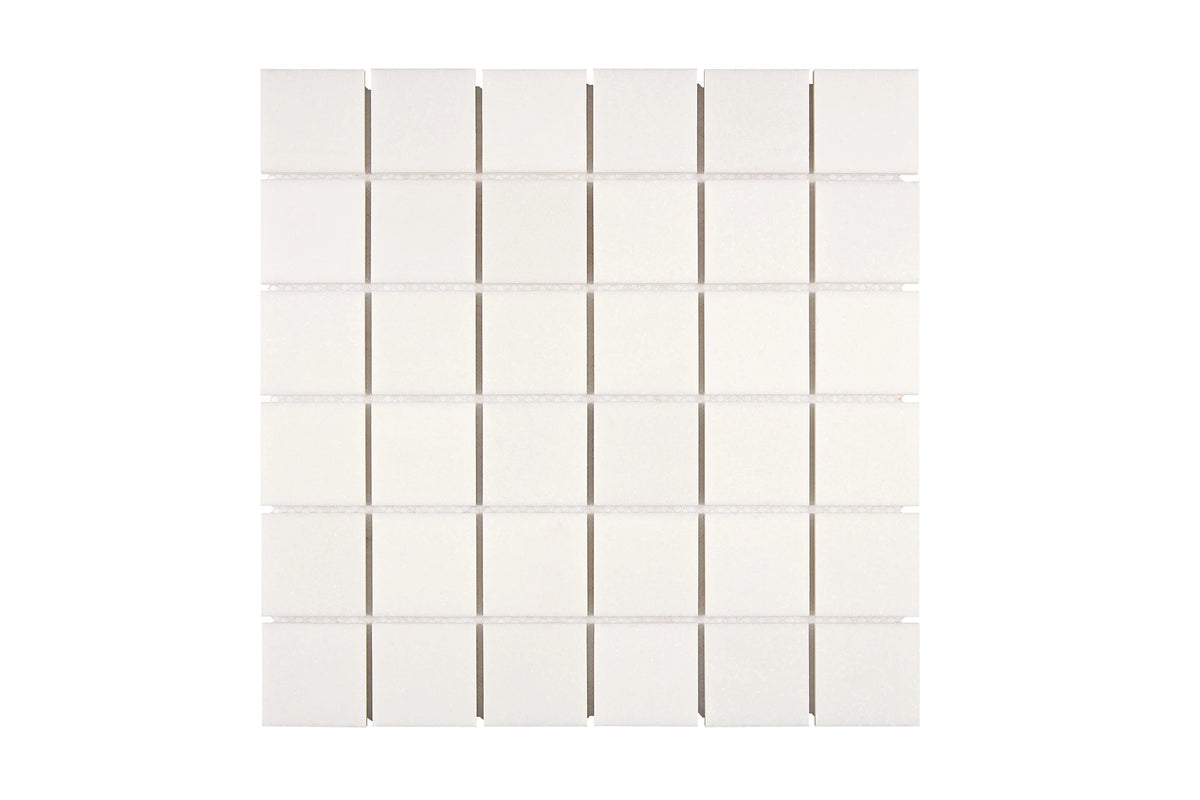 White Thassos 2×2 Mosaic with polished and honed in brilliant white natural marble.