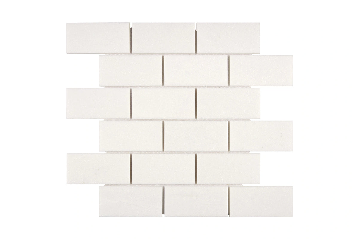 White Thassos 2×4 Mosaic with polished and honed in brilliant white natural marble.