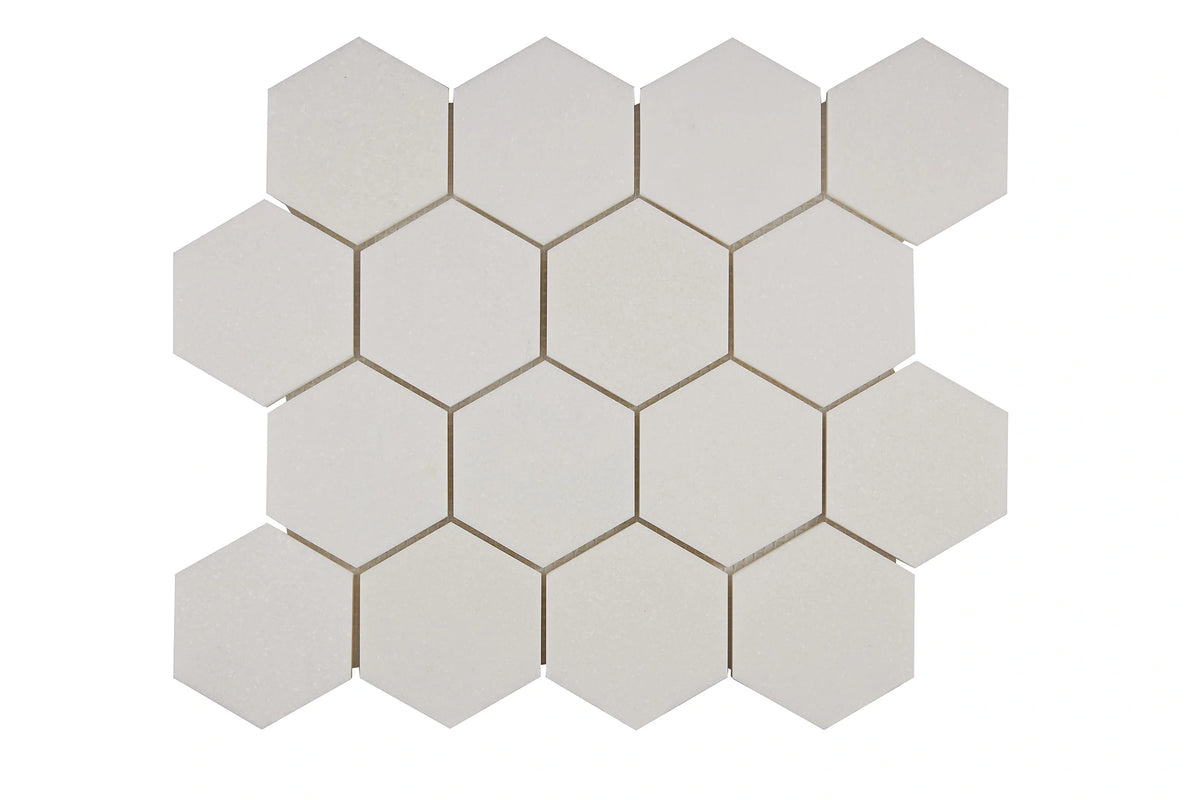 White Thassos 3-Inch Hexagon Mosaic with polished and honed in brilliant white natural marble.