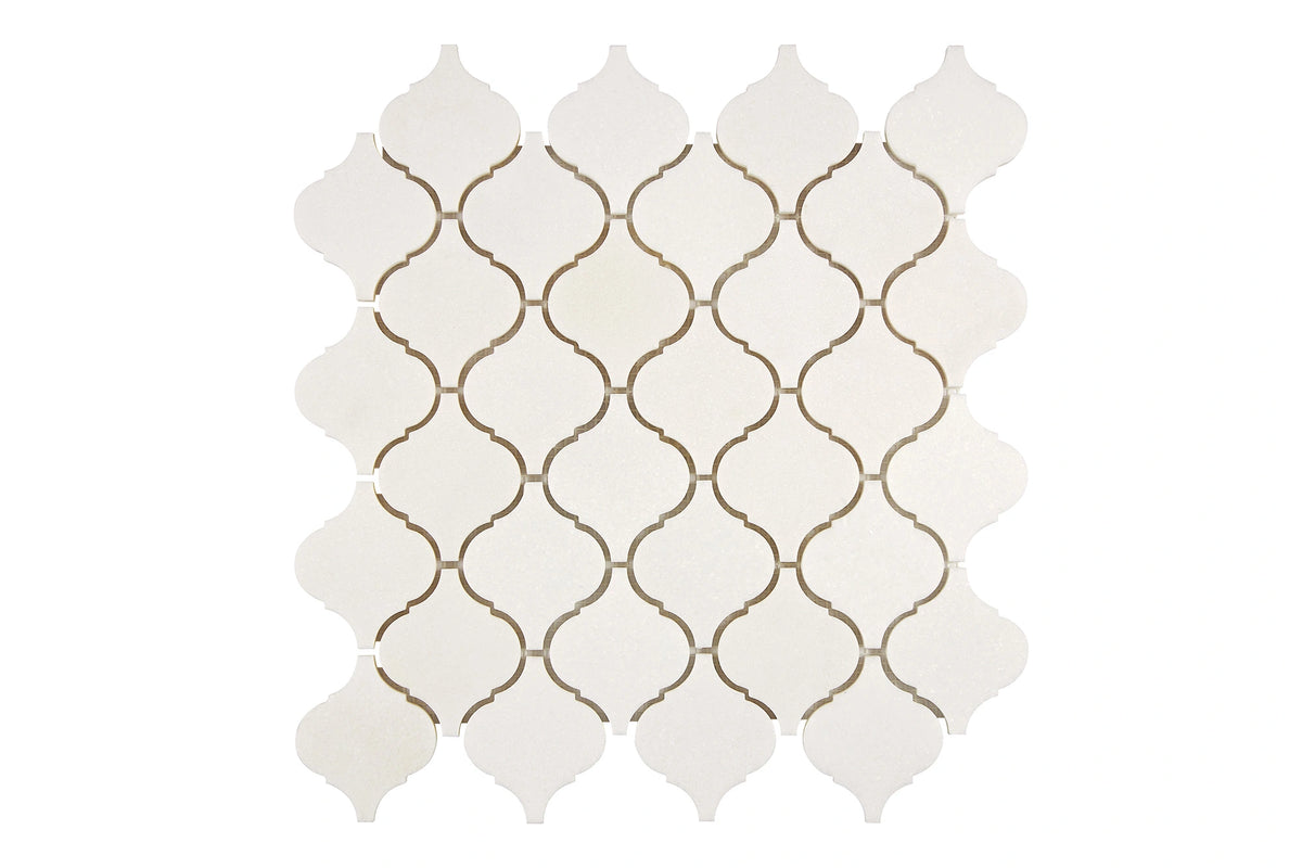 White Thassos Arabesque Mosaic with polished and honed in brilliant white natural marble.