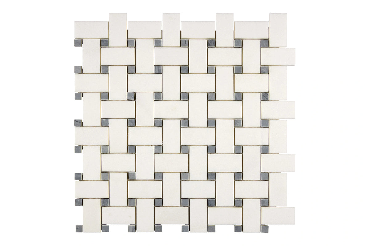 White Thassos Basketweave with Blue Dots with polished and honed in brilliant white natural marble.