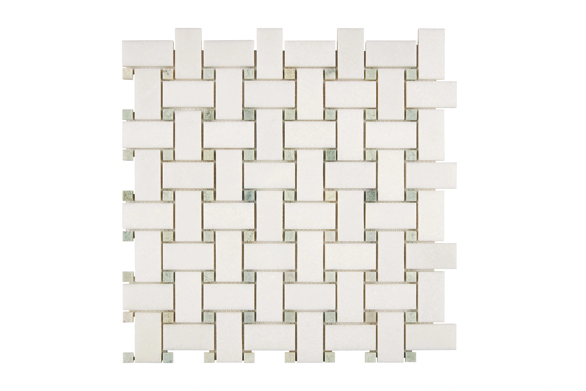 White Thassos Basketweave with Green Dots with polished and honed in brilliant white natural marble.