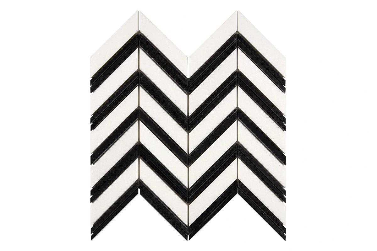 White Thassos Chevron with Black Strips with polished and honed in brilliant white natural marble.