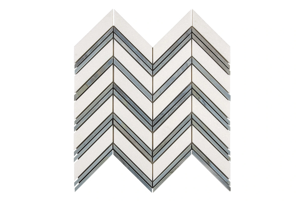 White Thassos Chevron with Blue Strips with polished and honed in brilliant white natural marble.