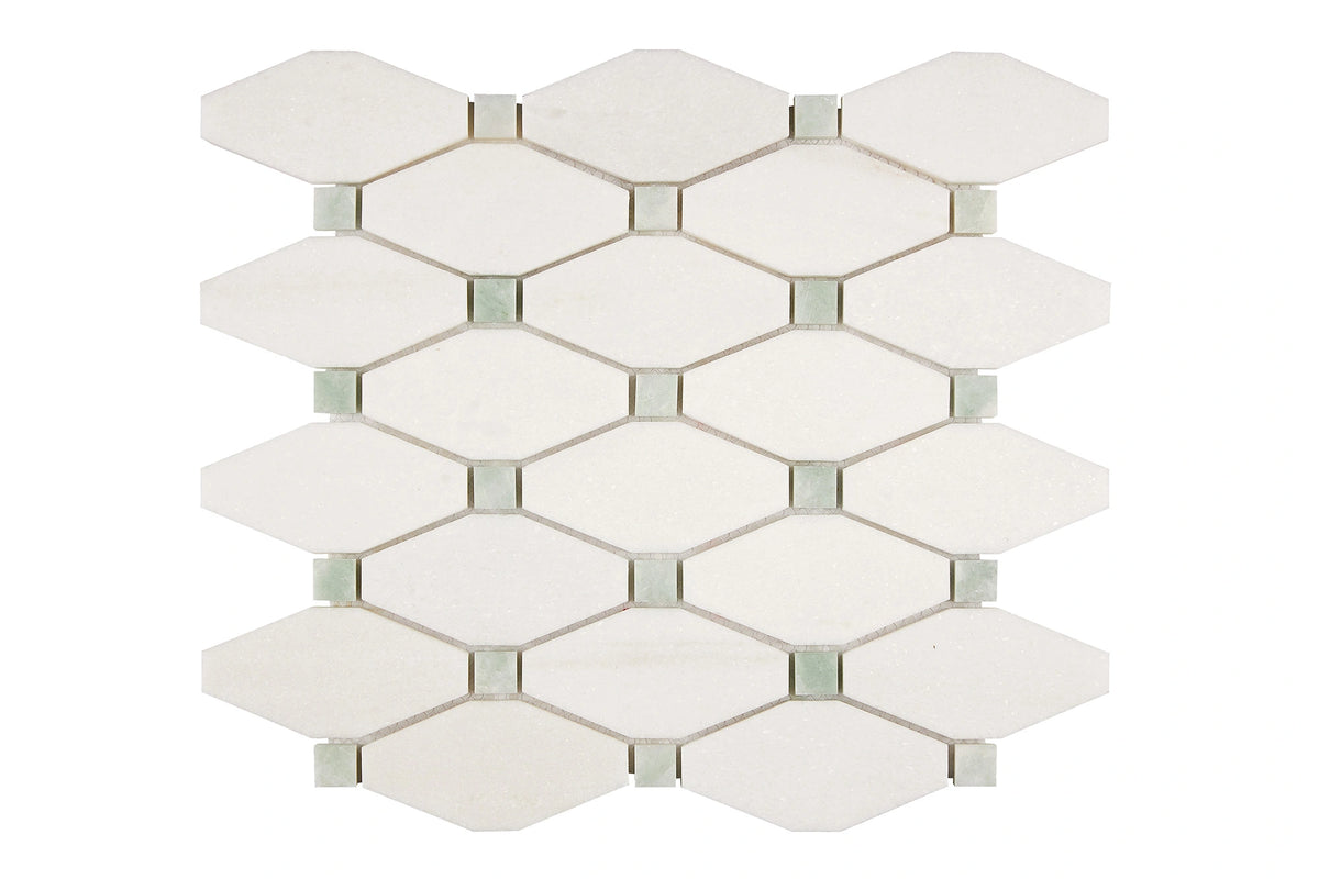 White Thassos Elongated Hexagon with Green Dots with polished and honed in brilliant white natural marble.