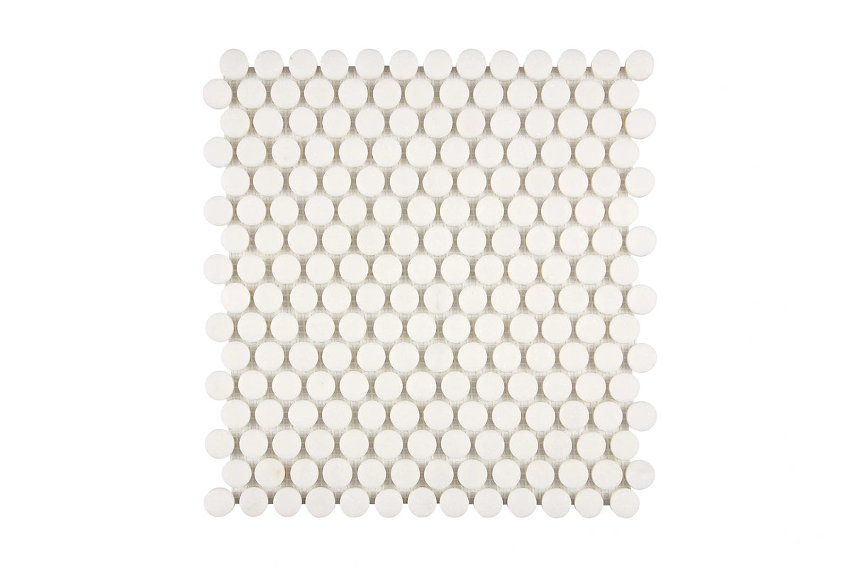 White Thassos Penny Round Mosaic with polished and honed in brilliant white natural marble.