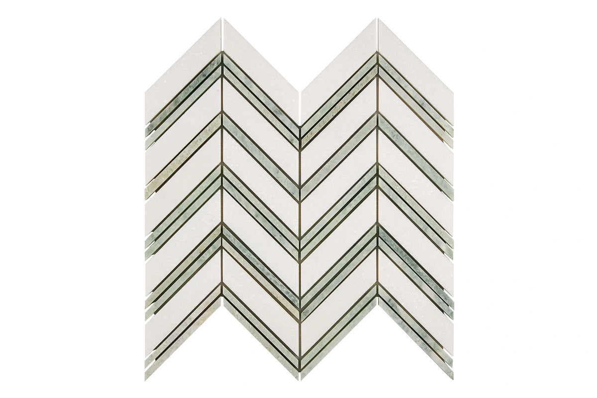White Thassos Chevron with Green Strips with polished and honed in brilliant white natural marble.