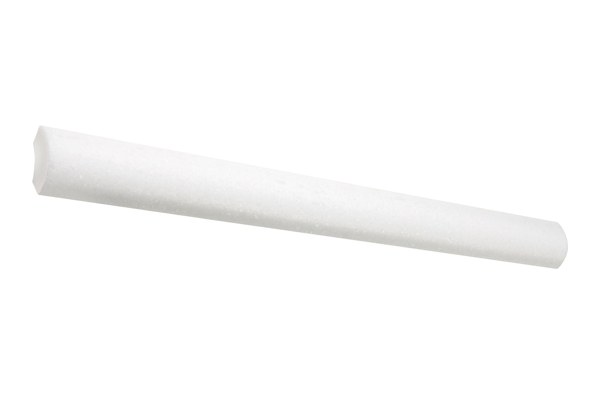 White Thassos marble 1×12 quarter-round trim in polished and honed finishes, bright pure white.