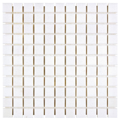 White Thassos 1×1 Mosaic with collection installation in brilliant white natural marble.