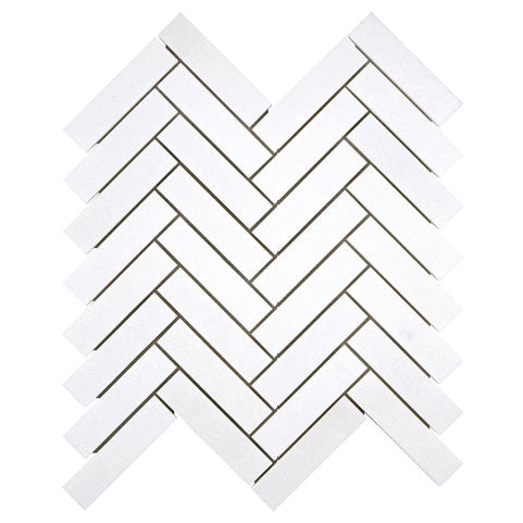 White Thassos 1×4 Herringbone Mosaic with collection installation in brilliant white natural marble.
