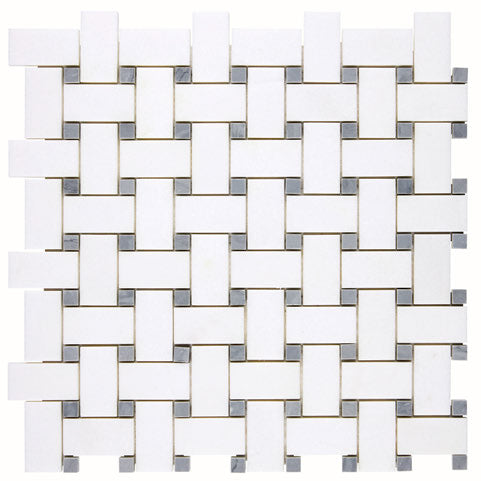 White Thassos Basketweave with Blue Dots with blue accent and collection installation in brilliant white natural marble.
